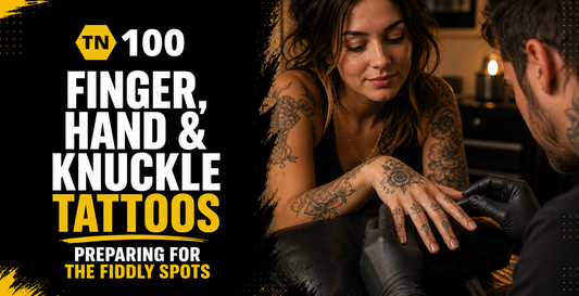 Finger, hand and knuckle tattoos, preparing for the fiddly bony spots with TN100 tattoo numbing cream by Tattoo Numbing Australia